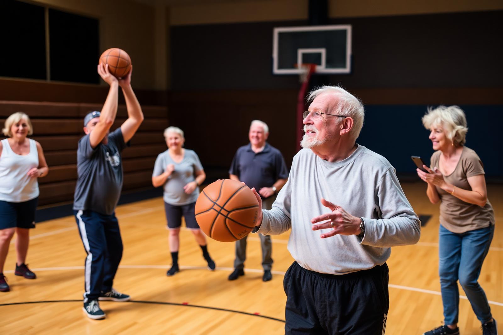 Adults and seniors playing recreational basketball in a community gym