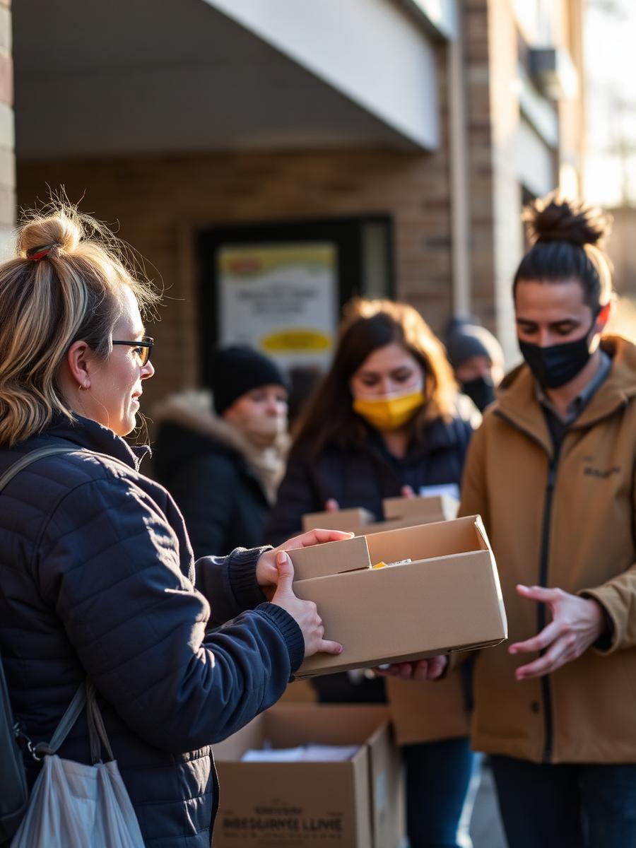 Volunteer handing a box of food and essentials to a resident at a family assistance drive