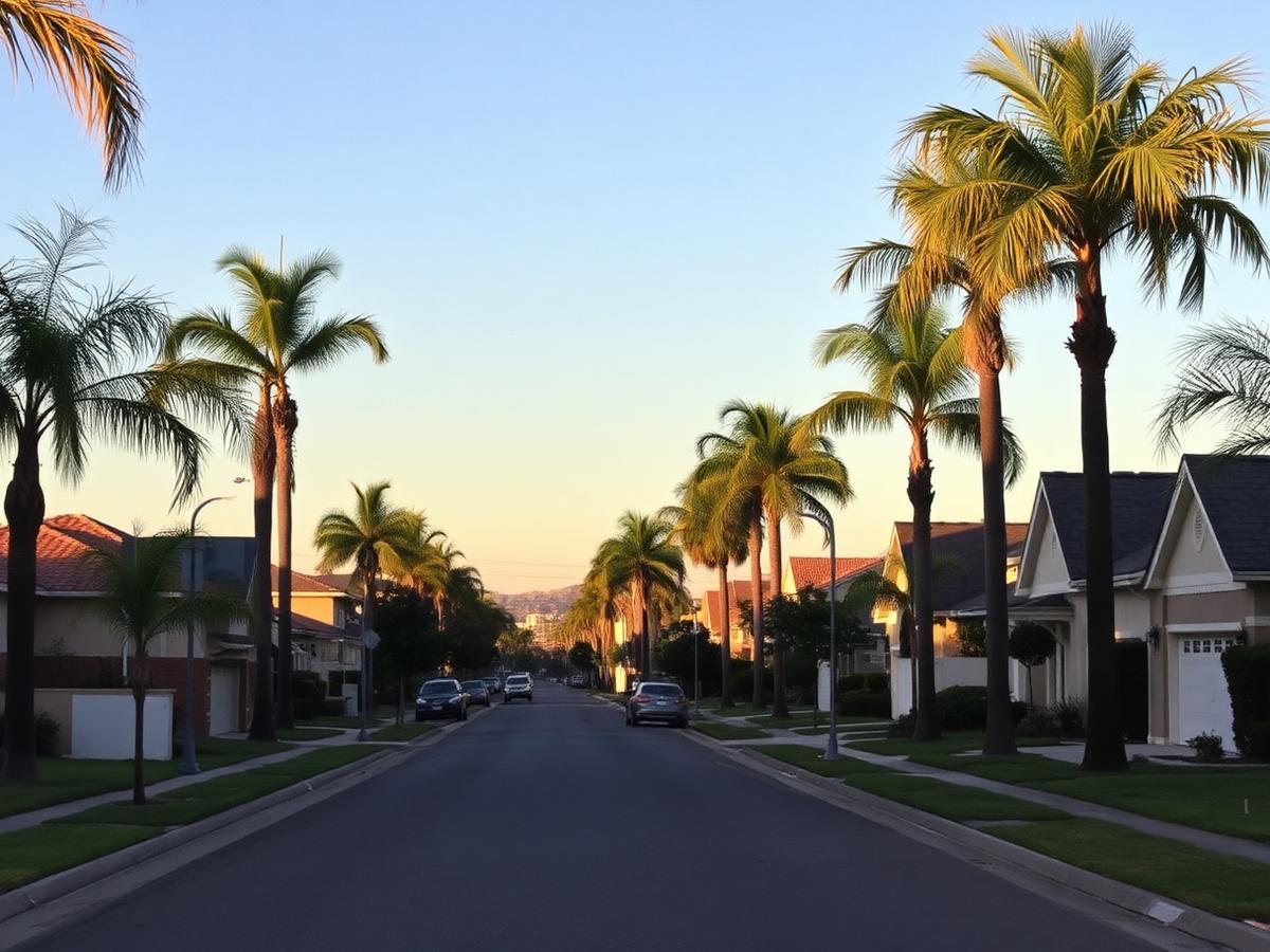 Quiet residential street in Pico Rivera at golden hour