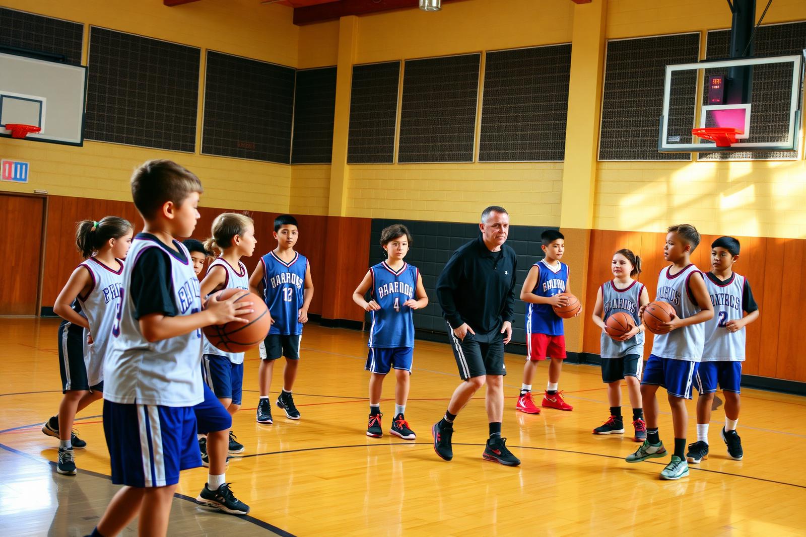 Youth basketball practice in a community gym with a coach leading drills
